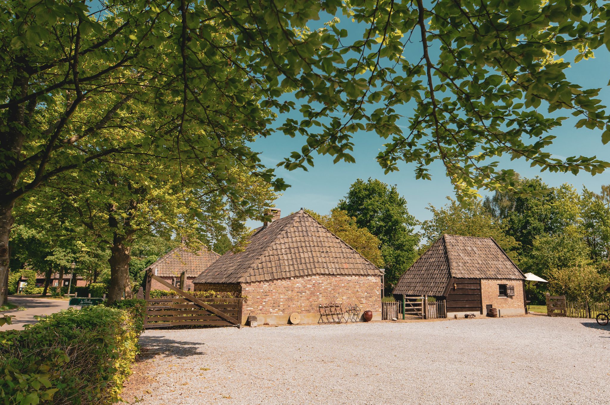 Het erf van Buitengoed de Bollen met historische Brabantse bijgebouwen onder hoge bomen